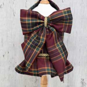 Holiday Tartan Dog Dress | Burgundy or Red Plaid Christmas Fashion | Gold Trim Pet Wear